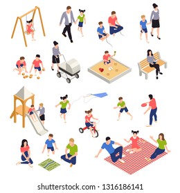 Family playing isometric icons set with parents and children isolated vector illustration