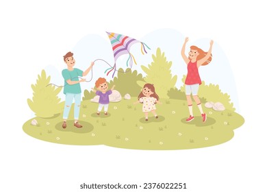 Family Playing Kite with Children on Green Meadow in Park Vector Illustration