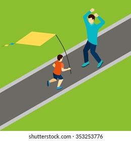 Family playing with kite with father and son isometric vector illustration 