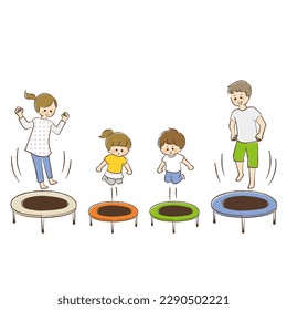 A family playing on a home trampoline.