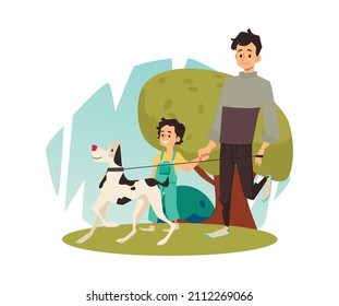 Family playing outside, father and son walk dog in park or in nature. Cartoon characters in flat vector illustration isolated on white background. Happy parent, child spend time together