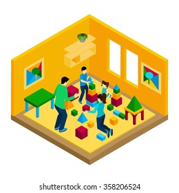 Family playing in the room with parents and children isometric vector illustration 