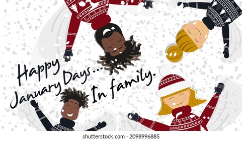 Family playing in the snow.