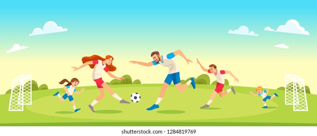 Family Playing Soccer In Park Together. Concept Parenthood child-rearing. Vector illustration