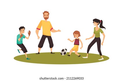 Family Playing Soccer Together On Grass, Cartoon Flat Vector Illustration Isolated On White Background. Active Family Football Or Soccer Game In Spare Time.