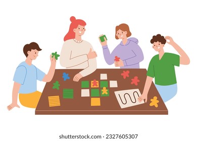 Family playing strategy board game. Hand drawn composition with adults and children spend time together. Fun activity and hobby for friends. Vector illustration of strategy game, colored clipart