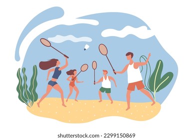 Family playing tennis on the beach. Mom, dad, son and daughter play together in summer.