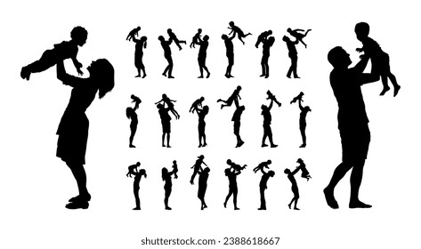 Family playing together with children. Mom and dad lifting baby kids up vector illustration silhouette set collection.