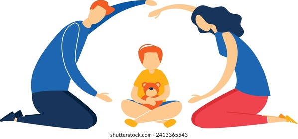 Family playing together, parents creating a home shape over child. Child holding teddy bear, concept of loving home. Happy family and childhood memories vector illustration.