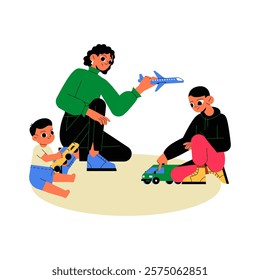 Family Playing With Toys Including Airplane And Car In Flat Vector Illustration Symbolizing Parenthood, Childhood, And Bonding, Isolated On White Background