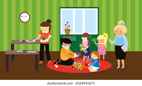 Family playing with toys in the kindergarten. Vector illustration in flat style