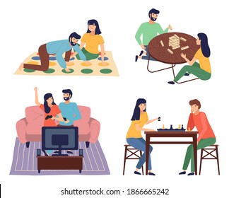 Family playing various games flat illustration set. People having fun, spending time together at home. Mom and dad enjoying table and video games. Indoor entertainment for adults and children