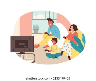 Family playing video game together in the living room, flat vector illustration isolated on white background. Smiling parents with kid holding joysticks. Father, mother and son spending time together.