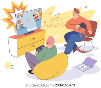 Family playing video game together in living room. Smiling parent with kid holding joysticks. Father and son spending time together. Game party at home, family fun. Weekend time, leisure, gaming hobby