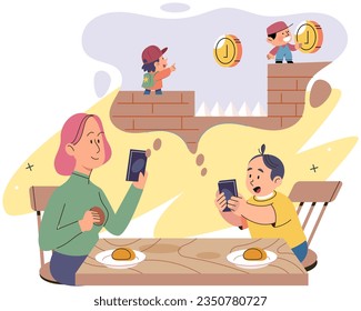 Family playing video game together in living room. Smiling parent with kid holding phones. Mother and son spending time together. Game party at home, family fun. Weekend time, leisure, gaming hobby
