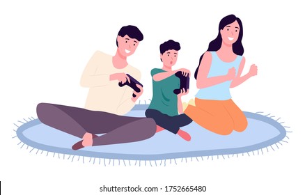 Family playing video games. Mom dad and son gaming with gamepad controller, holding joystick in hands flat design. People siting on the floor in front of the monitor and playing a computer game