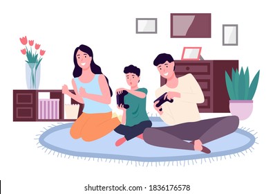 Family Playing Video Games. Mom Dad And Son Gaming With Gamepad Controller, Holding Joystick In Hands Flat Design. People Siting On The Floor In Front Of The Monitor And Playing A Computer Game