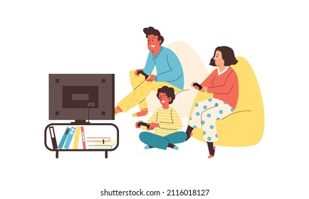 Family playing video games on TV console with joystick, flat vector illustration isolated on white background. Parents with children playing games in front of TV.