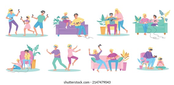 Family Playing Vr Video Games Color Set With Isolated Compositions Of Family With Joysticks On Sofa Vector Illustration