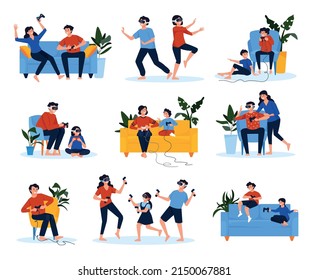 Family Playing Vr Video Games Set With Isolated Characters Of Children And Adults Wearable Headsets Gamepads Vector Illustration