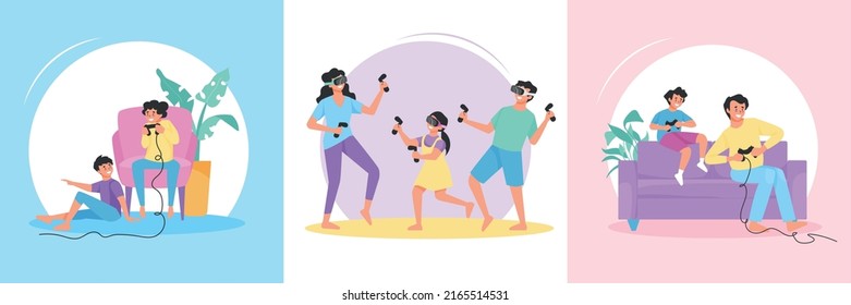 Family playing vr and video games flat concept set isolated vector illustration