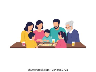 Family plays board game together around table