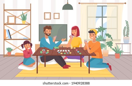 Family plays board games at home. Happy parents and children in room interior with chips and cards. People card role-playing game, joint hobby communication leisure time vector concept