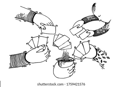 Family plays card game. Board game for 2+ people. Hands holding playing cards. Sketch line vector illustration