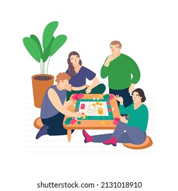 A family plays together at home. Funny time with friends. Playing, competing and laughing. Board games concept. Editable vector illustration with funny characters isolated on a white background.