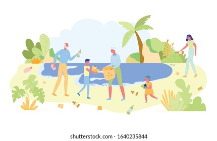 Family Plogging on Ocean Shore at Weekend, Cartoon. Woman with her Children and Parents Collect Garbage Scattered on Beach. Such Charitable Walks Bring Happiness. Tropical Trees and Shrubs Grow here.