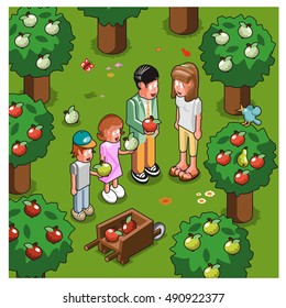 Family plucking apples for mom (isometric illustration)