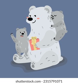 A family of polar bears celebrate father's day. Father and two children. Bear and cubs. Pink gift. Hugs, have fun. Cartoon style. Holiday card. Vector illustration. Birthday. Blue background