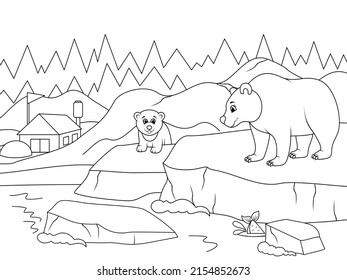 A family of polar bears at the North Pole. Mom and child, landscape. Vector, page for printable children coloring book.