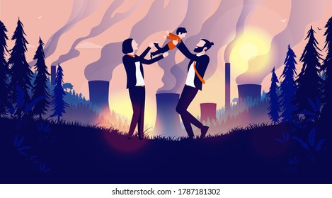 Family in pollution and toxic environment - Man and woman bringing up kid in a world with no hope, staying positive and playing. Climate change, danger and future generation concept. Vector.