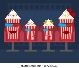 A family of popcorn in the cinema and 3D stereo glasses. Father, mother, son, daughter. Full buckets with red and white stripes. Cheerful and funny family characters with human faces. Vector illustrat