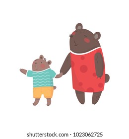 Family portrait of bears with mother and her little son. Forest animals dressed in human clothes. Cartoon humanized characters. Colorful flat vector design