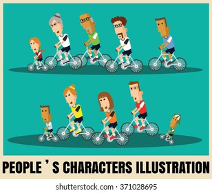 family portrait with bicycle at the simple style illustration 