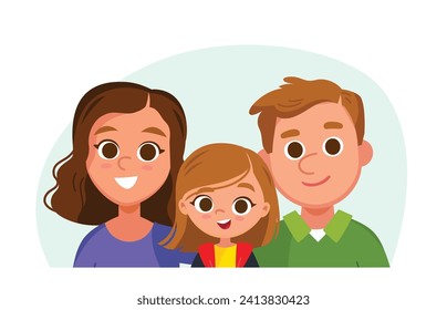 Family portrait. Cute girl with mom and dad. Parents and child. Happy family of 3 three members parents mom mother dad father and child kid daughter