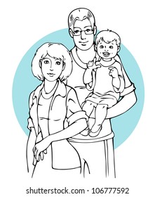 Family portrait with Dad keep son on hands and Mom stand near them.