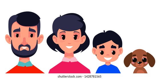 Family portrait Dad mom and son and dog. Asian company. Vector illustration in cartoon style.