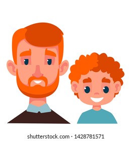 Family portrait of dad and son. Redheads. Vector illustration in cartoon style.