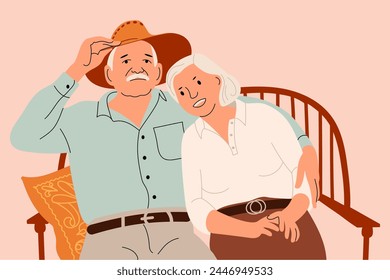 Retrato familiar de una pareja feliz de ancianos, un hombre y una mujer sentados abrazados en el sofá. Ilustración plana de Vector en colores pastel