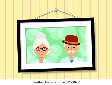 Family Portrait Elderly parent in Picture Frame Hanging on yellow Wallpaper Background. Vector illustration, flat style.