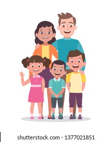 Family portrait. Father, mother, daughter and sons. Full lenght portrait of family members standing together. Vector illustration in cartoon style isolated on white background.