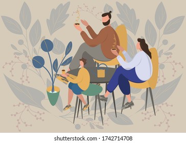 Family portrait father, mother, son. Parents having cup of tea in cafe with table with their child. Flat modern vector illustration design. Love, tenderness concept. Floral background
