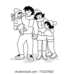 Family portrait of father, mother, son and daughter, cartoon vector illustration isolated on white background. Cheerful, happy family in winter clothes.