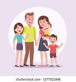 Family portrait. Father, mother, teenager girl, little boy, baby. Full lenght portrait of family members standing together. Vector illustration in cartoon style.