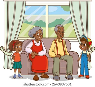 Family portrait. Father, mother, and their children. Full-length portrait of family members standing together. Vector illustration in cartoon style isolated on white background