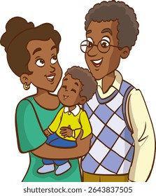 Family portrait. Father, mother, and their children. Full-length portrait of family members standing together. Vector illustration in cartoon style isolated on white background