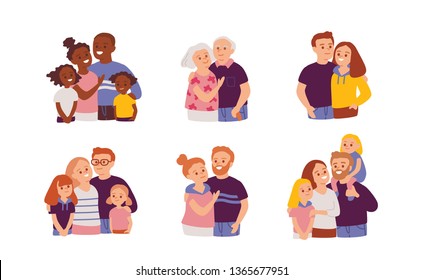 Family portrait. Flat design.Multicultural set of people.